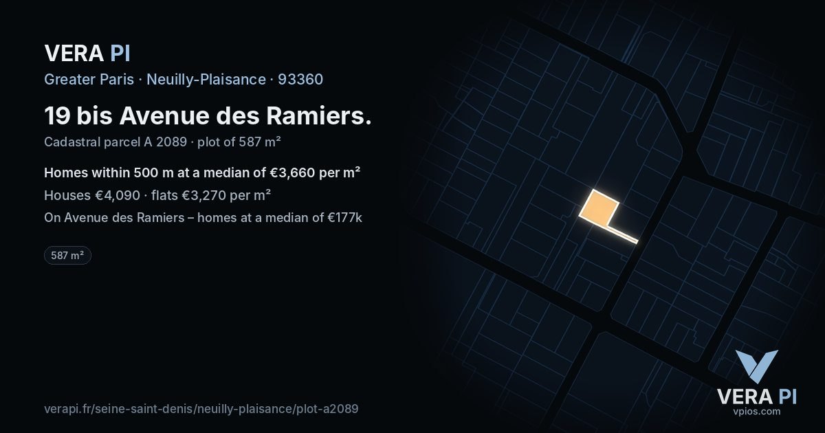 19 bis Avenue des Ramiers, Neuilly-Plaisance at night – the plot lit, the parcels around coloured by the prices near them