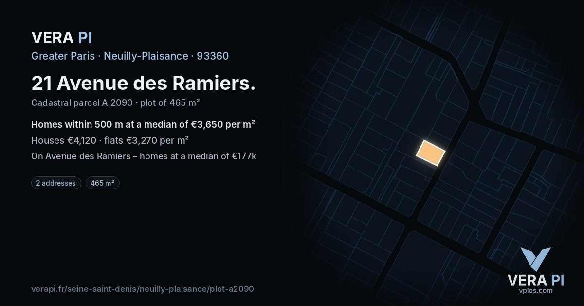 21 Avenue des Ramiers, Neuilly-Plaisance at night – the plot lit, the parcels around coloured by the prices near them