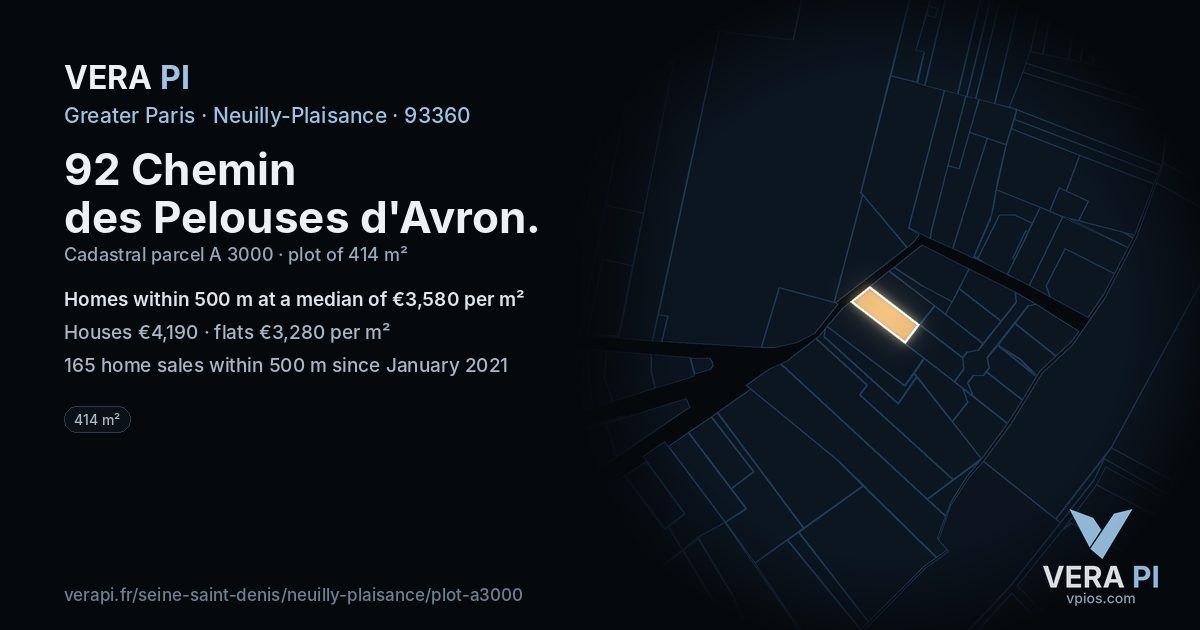 92 Chemin des Pelouses d'Avron, Neuilly-Plaisance at night – the plot lit, the parcels around coloured by the prices near them
