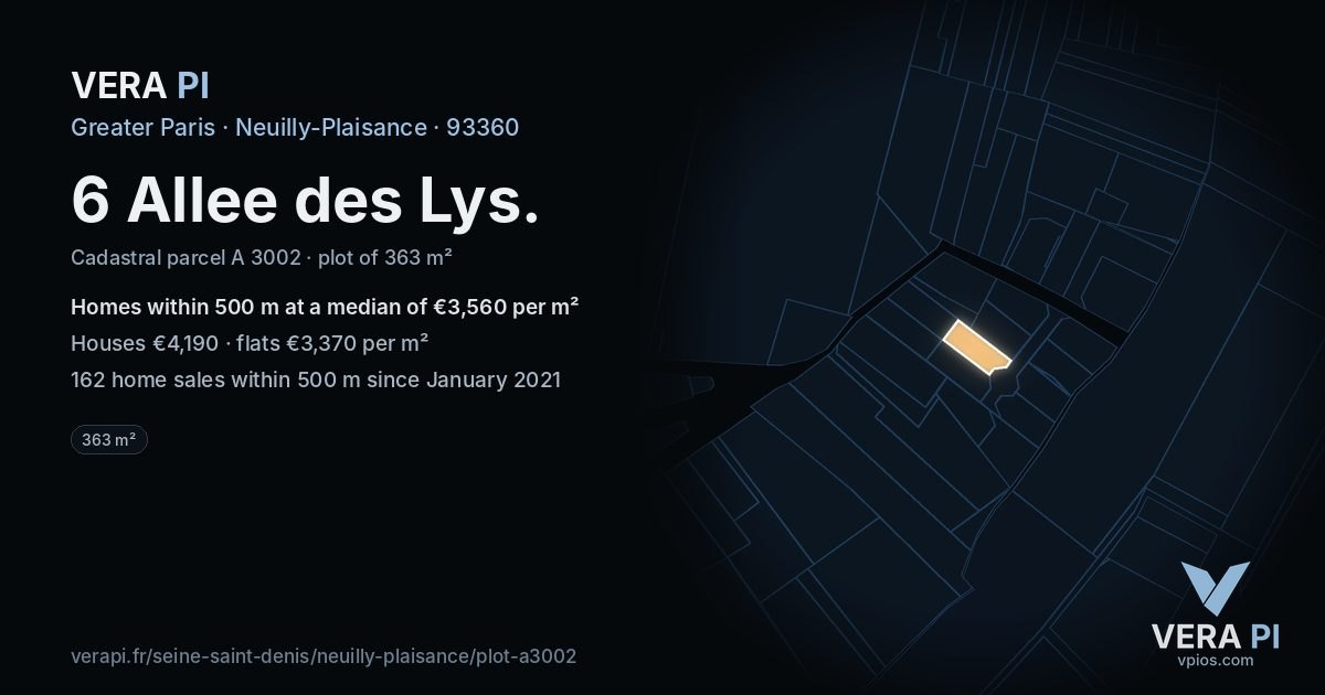 6 Allee des Lys, Neuilly-Plaisance at night – the plot lit, the parcels around coloured by the prices near them