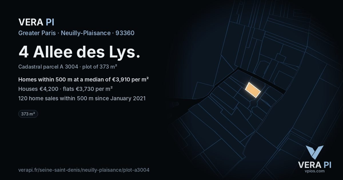 4 Allee des Lys, Neuilly-Plaisance at night – the plot lit, the parcels around coloured by the prices near them