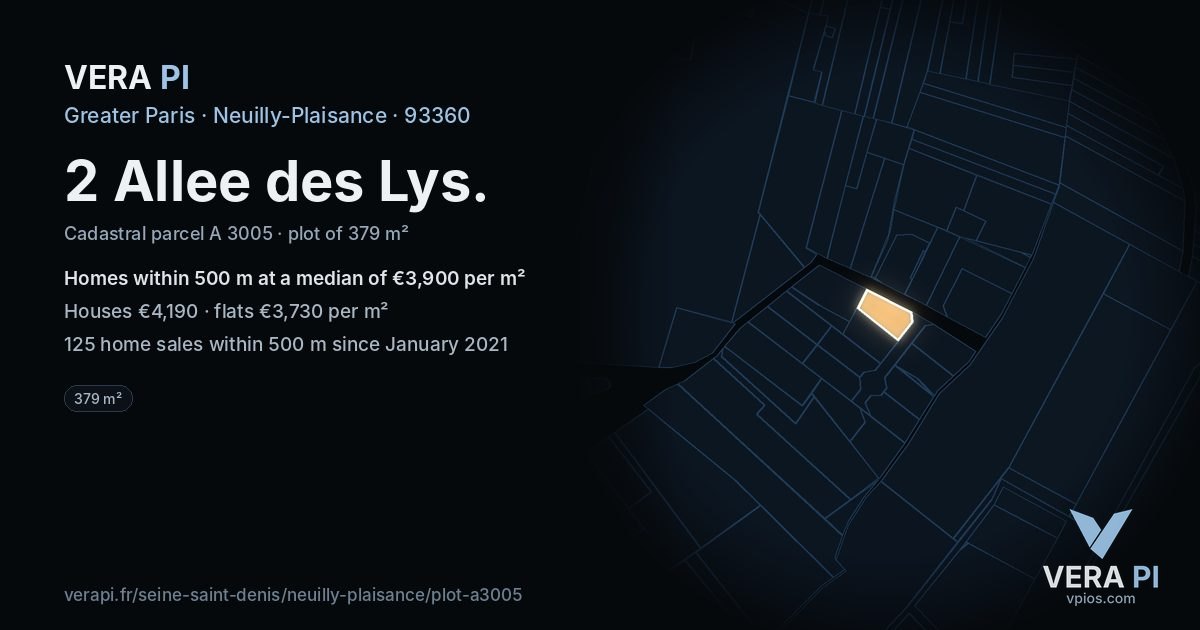 2 Allee des Lys, Neuilly-Plaisance at night – the plot lit, the parcels around coloured by the prices near them