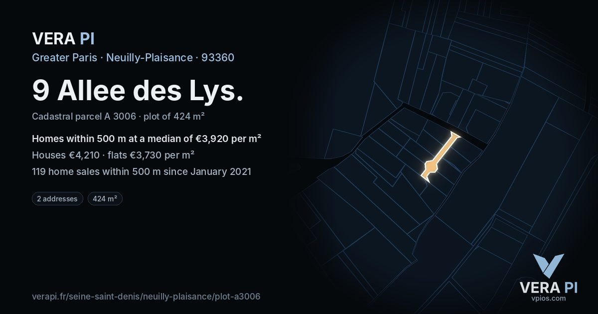 9 Allee des Lys, Neuilly-Plaisance at night – the plot lit, the parcels around coloured by the prices near them