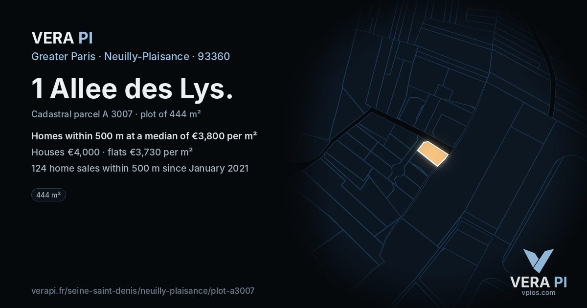 1 Allee des Lys, Neuilly-Plaisance at night – the plot lit, the parcels around coloured by the prices near them