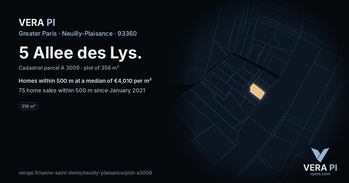 5 Allee des Lys, Neuilly-Plaisance at night – the plot lit, the parcels around coloured by the prices near them