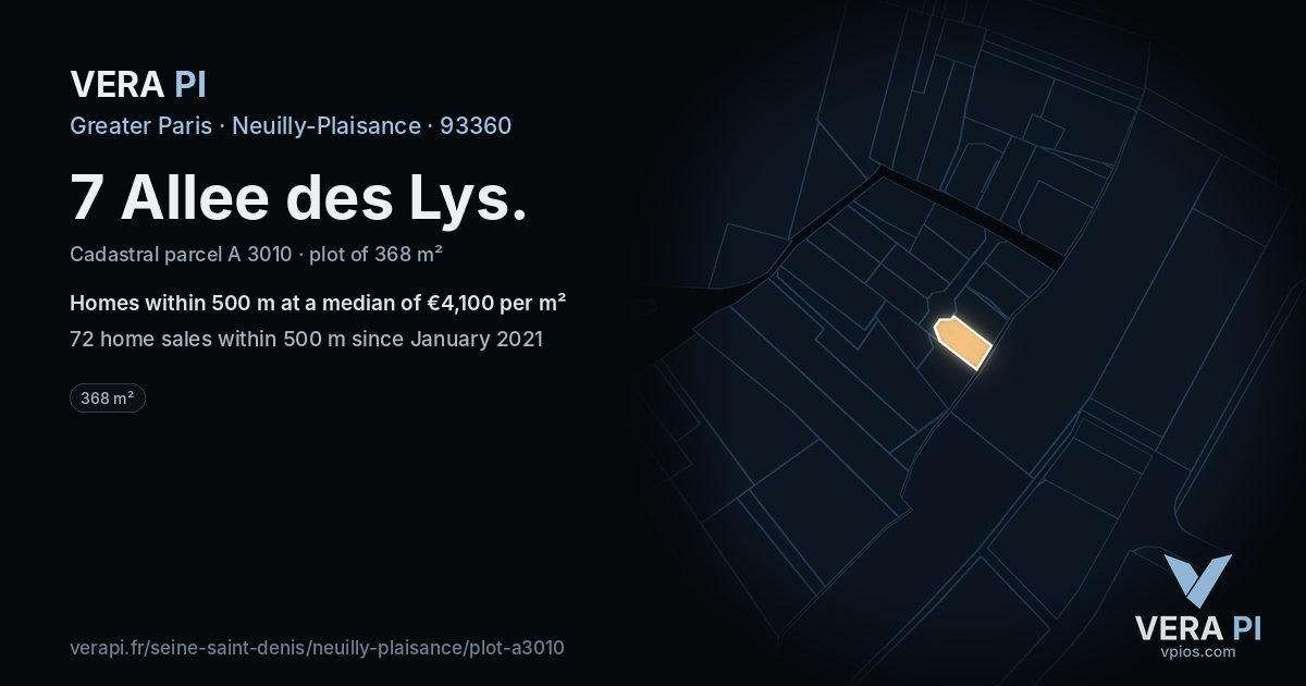 7 Allee des Lys, Neuilly-Plaisance at night – the plot lit, the parcels around coloured by the prices near them