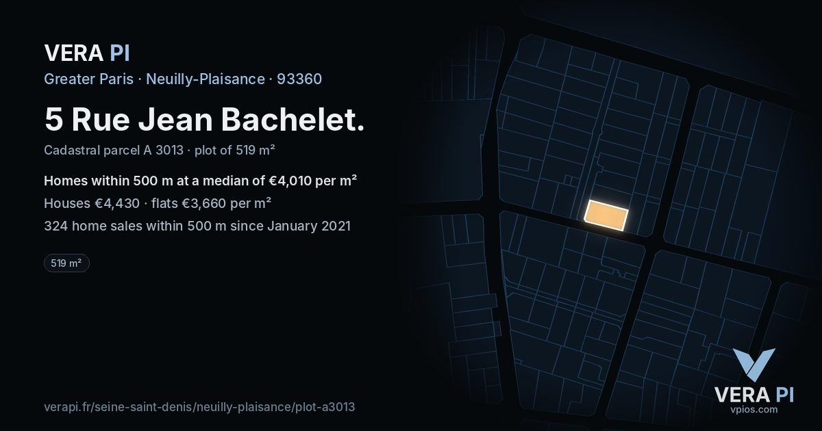 5 Rue Jean Bachelet, Neuilly-Plaisance at night – the plot lit, the parcels around coloured by the prices near them