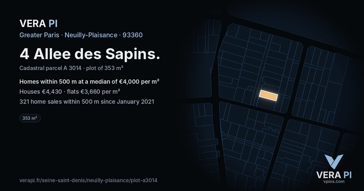 4 Allee des Sapins, Neuilly-Plaisance at night – the plot lit, the parcels around coloured by the prices near them