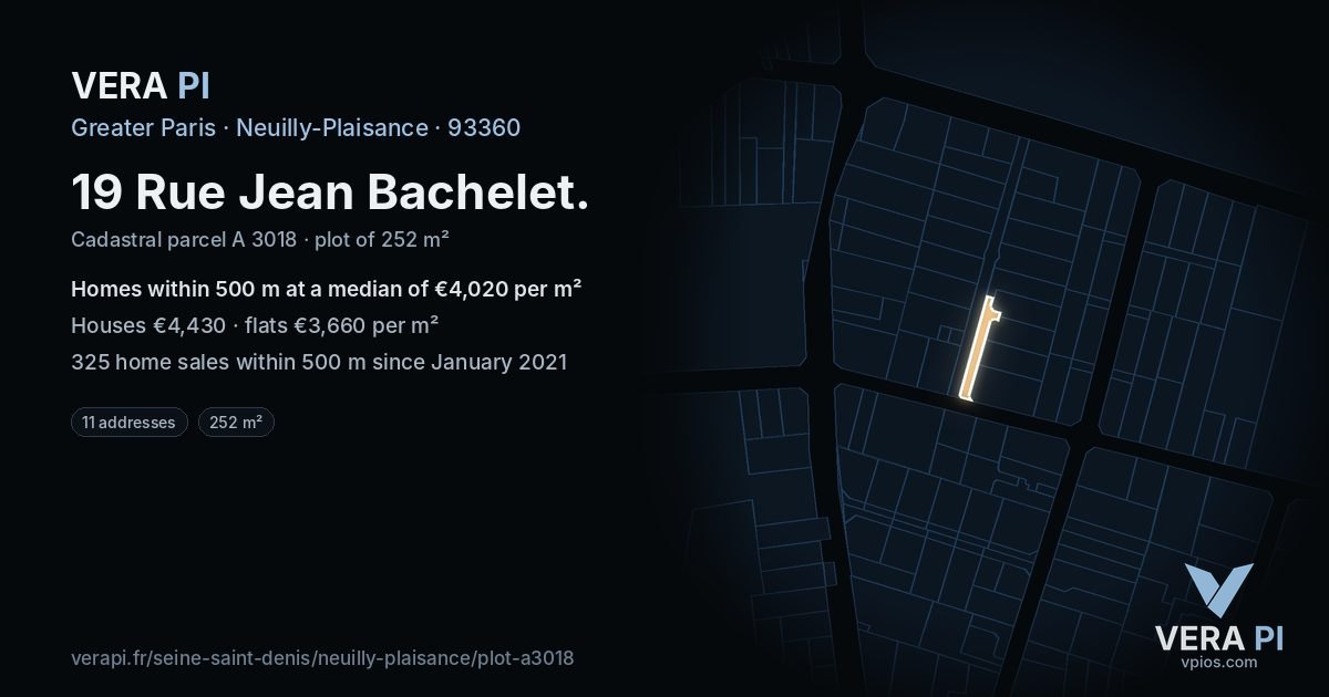 19 Rue Jean Bachelet, Neuilly-Plaisance at night – the plot lit, the parcels around coloured by the prices near them