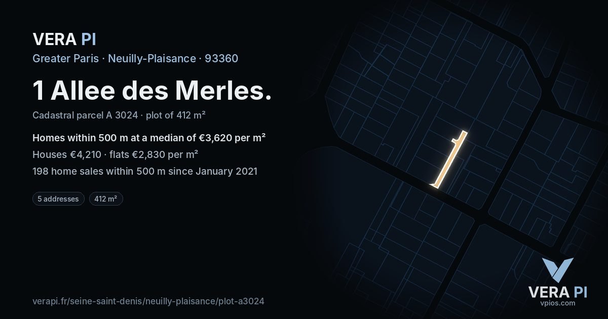 1 Allee des Merles, Neuilly-Plaisance at night – the plot lit, the parcels around coloured by the prices near them