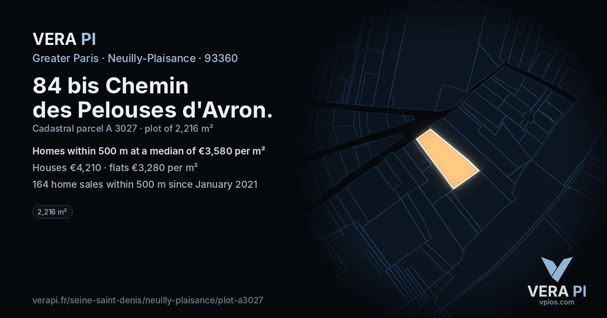 84 bis Chemin des Pelouses d'Avron, Neuilly-Plaisance at night – the plot lit, the parcels around coloured by the prices near them