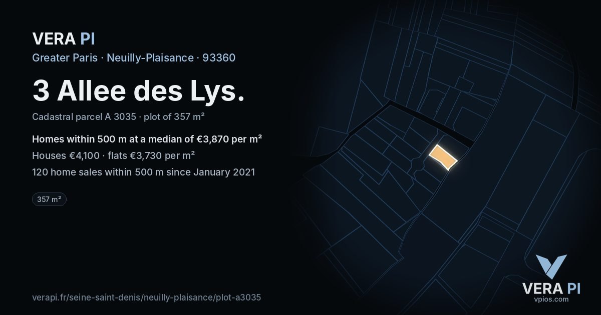 3 Allee des Lys, Neuilly-Plaisance at night – the plot lit, the parcels around coloured by the prices near them