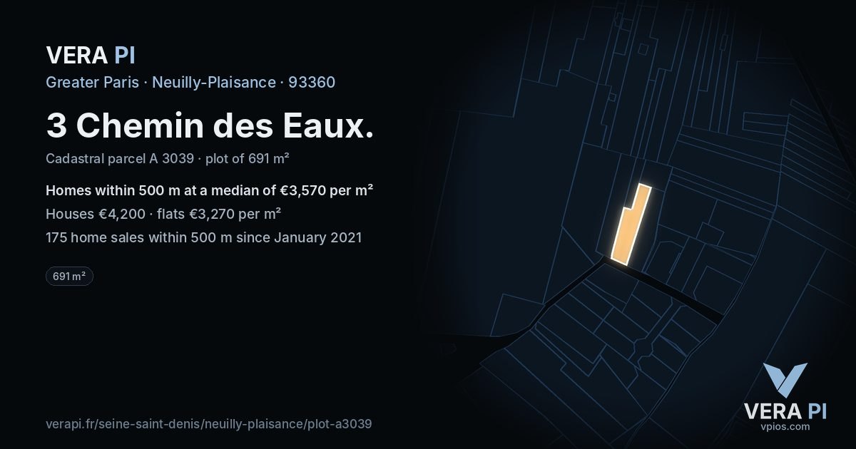 3 Chemin des Eaux, Neuilly-Plaisance at night – the plot lit, the parcels around coloured by the prices near them
