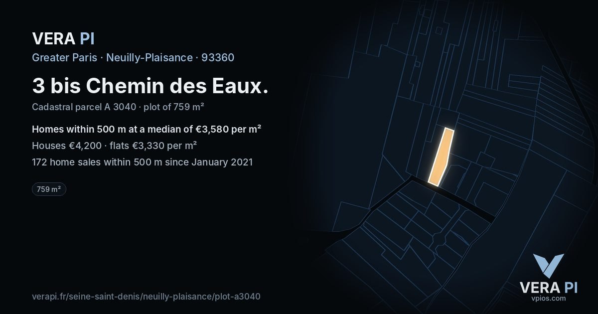 3 bis Chemin des Eaux, Neuilly-Plaisance at night – the plot lit, the parcels around coloured by the prices near them