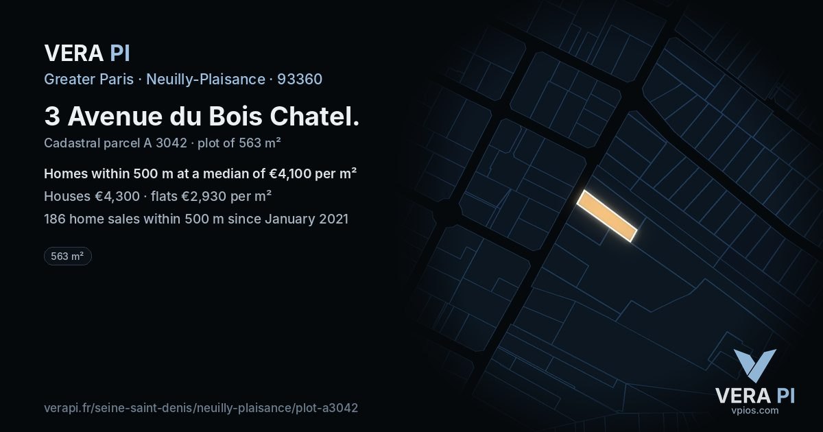 3 Avenue du Bois Chatel, Neuilly-Plaisance at night – the plot lit, the parcels around coloured by the prices near them