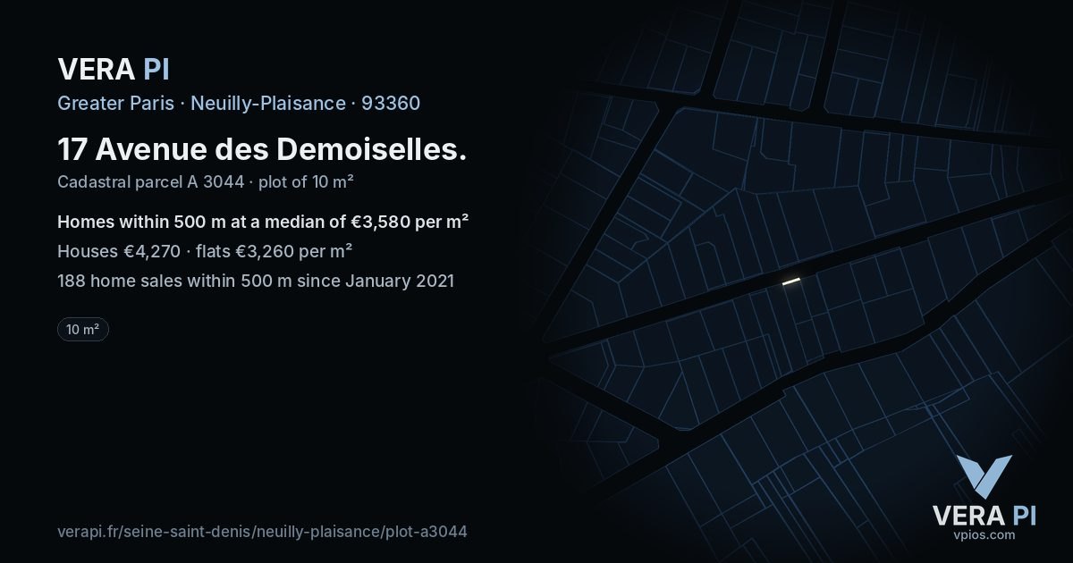 17 Avenue des Demoiselles, Neuilly-Plaisance at night – the plot lit, the parcels around coloured by the prices near them