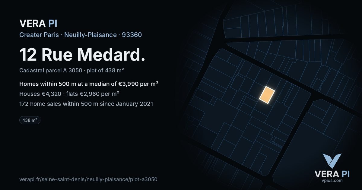 12 Rue Medard, Neuilly-Plaisance at night – the plot lit, the parcels around coloured by the prices near them