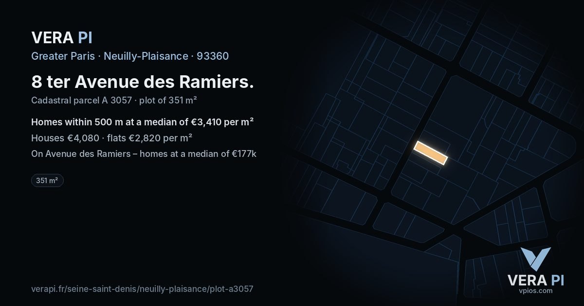8 ter Avenue des Ramiers, Neuilly-Plaisance at night – the plot lit, the parcels around coloured by the prices near them