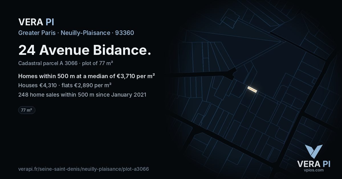 24 Avenue Bidance, Neuilly-Plaisance at night – the plot lit, the parcels around coloured by the prices near them