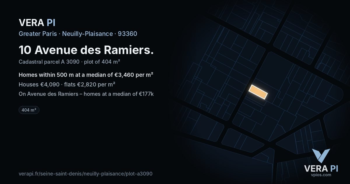 10 Avenue des Ramiers, Neuilly-Plaisance at night – the plot lit, the parcels around coloured by the prices near them