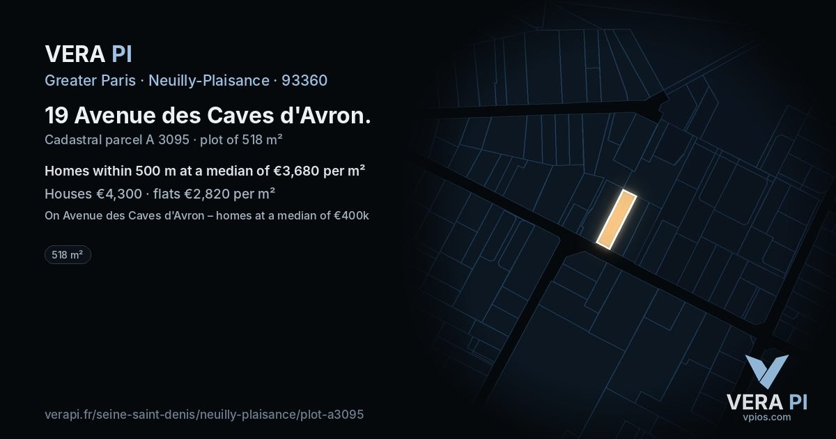 19 Avenue des Caves d'Avron, Neuilly-Plaisance at night – the plot lit, the parcels around coloured by the prices near them