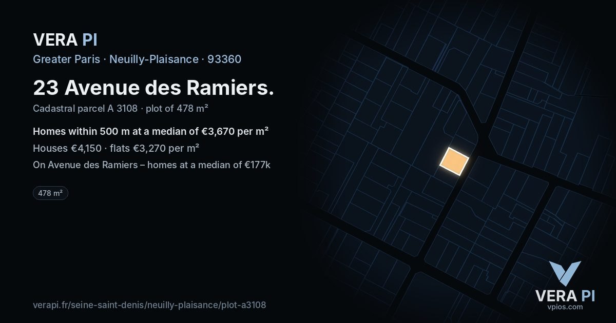 23 Avenue des Ramiers, Neuilly-Plaisance at night – the plot lit, the parcels around coloured by the prices near them