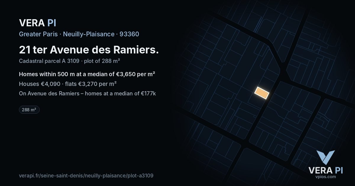 21 ter Avenue des Ramiers, Neuilly-Plaisance at night – the plot lit, the parcels around coloured by the prices near them