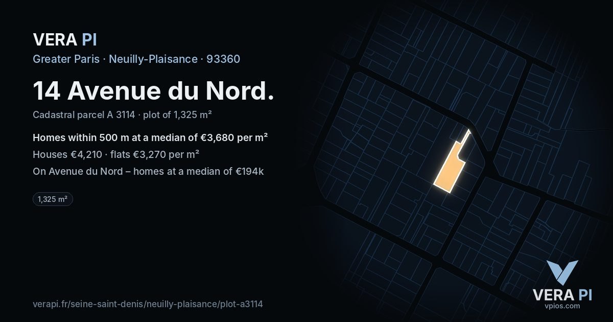 14 Avenue du Nord, Neuilly-Plaisance at night – the plot lit, the parcels around coloured by the prices near them