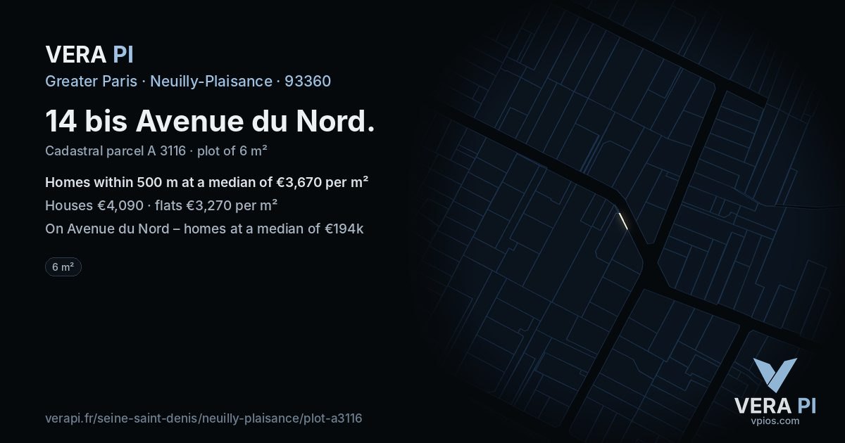 14 bis Avenue du Nord, Neuilly-Plaisance at night – the plot lit, the parcels around coloured by the prices near them
