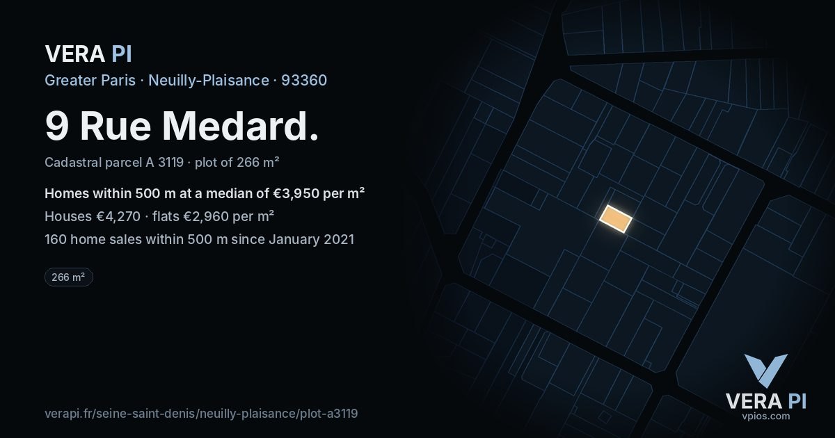 9 Rue Medard, Neuilly-Plaisance at night – the plot lit, the parcels around coloured by the prices near them