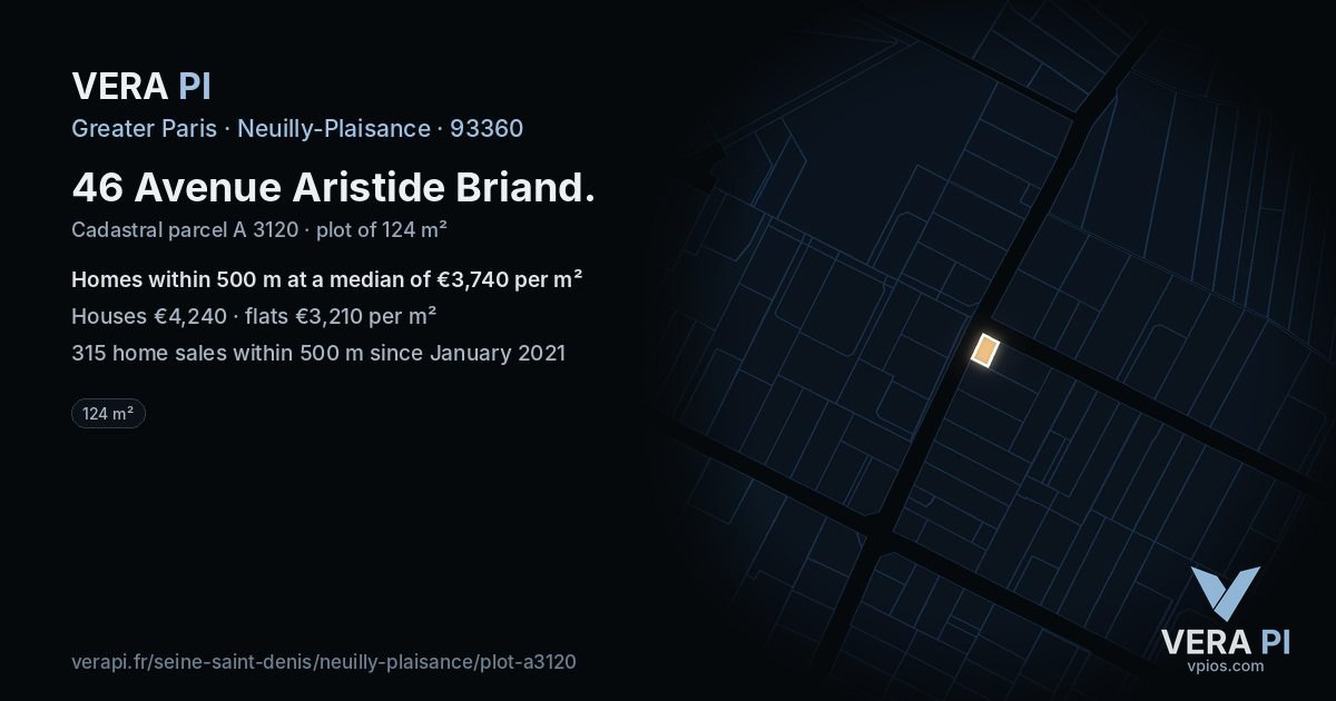 46 Avenue Aristide Briand, Neuilly-Plaisance at night – the plot lit, the parcels around coloured by the prices near them