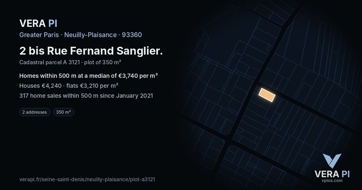 2 bis Rue Fernand Sanglier, Neuilly-Plaisance at night – the plot lit, the parcels around coloured by the prices near them