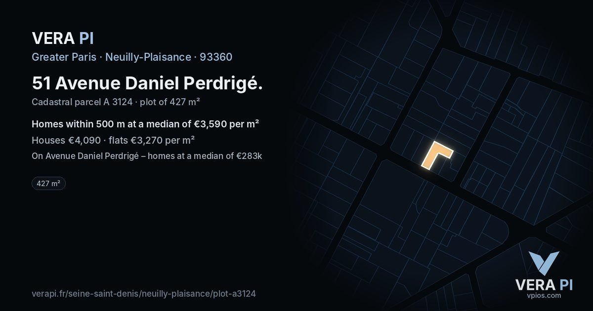 51 Avenue Daniel Perdrigé, Neuilly-Plaisance at night – the plot lit, the parcels around coloured by the prices near them