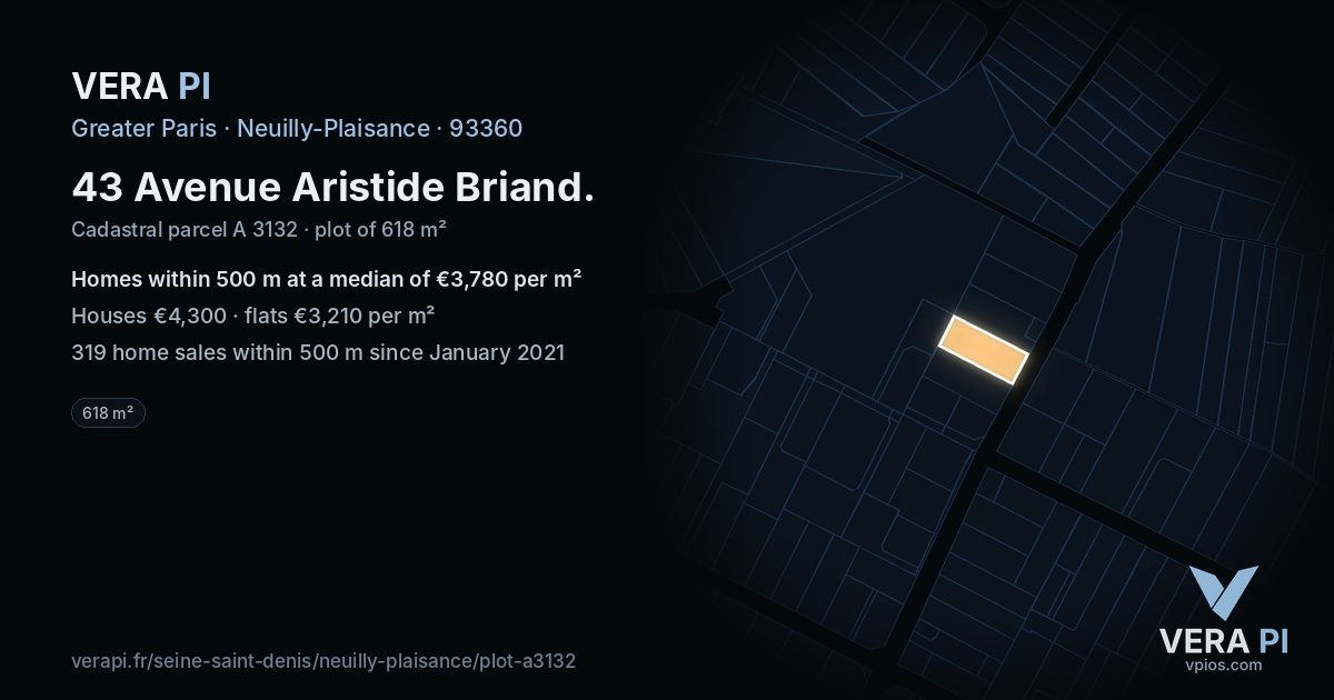 43 Avenue Aristide Briand, Neuilly-Plaisance at night – the plot lit, the parcels around coloured by the prices near them
