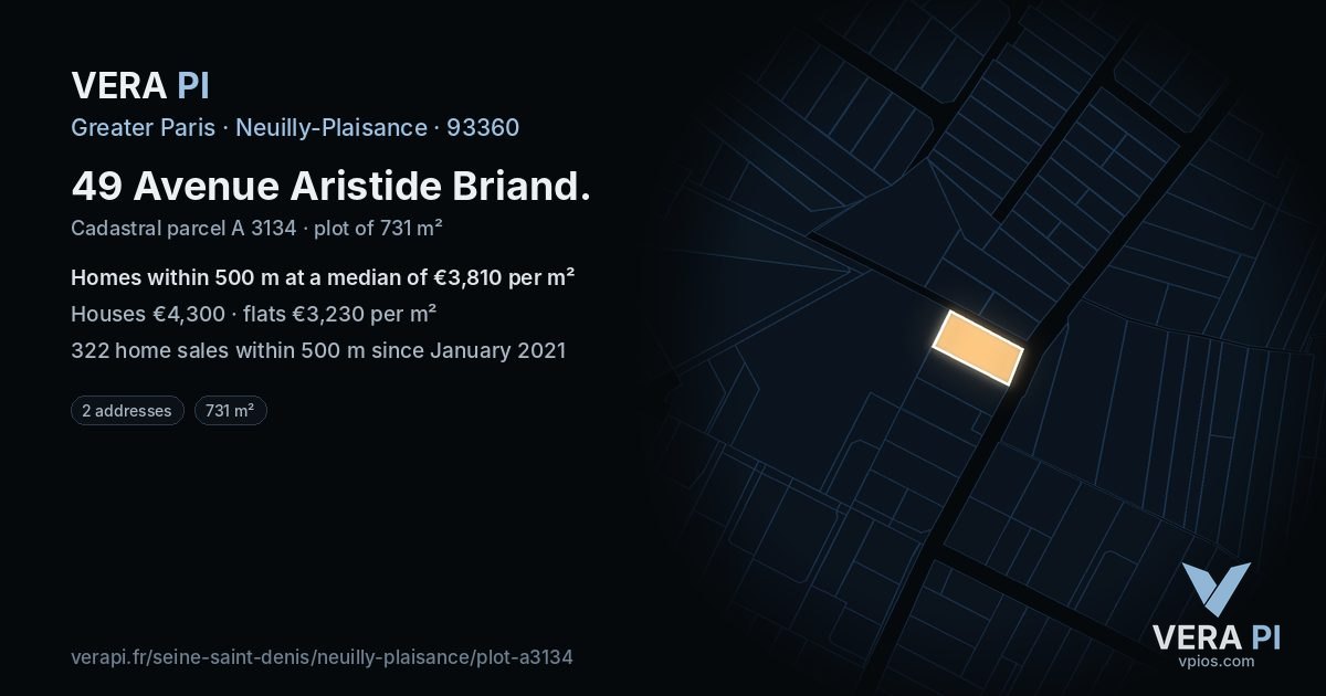49 Avenue Aristide Briand, Neuilly-Plaisance at night – the plot lit, the parcels around coloured by the prices near them