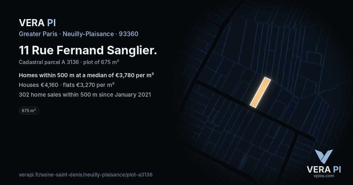 11 Rue Fernand Sanglier, Neuilly-Plaisance at night – the plot lit, the parcels around coloured by the prices near them
