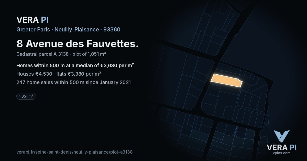 8 Avenue des Fauvettes, Neuilly-Plaisance at night – the plot lit, the parcels around coloured by the prices near them