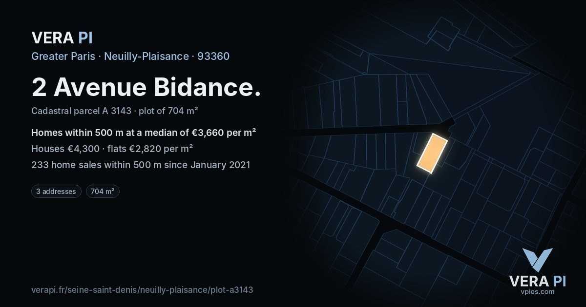 2 Avenue Bidance, Neuilly-Plaisance at night – the plot lit, the parcels around coloured by the prices near them