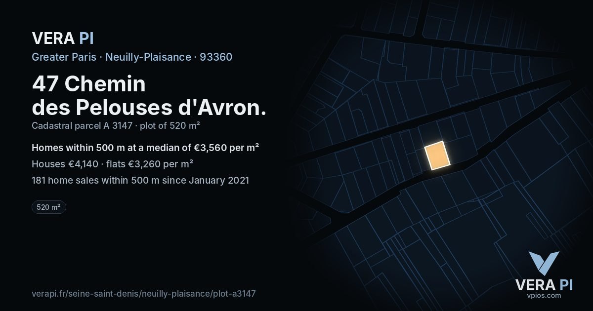 47 Chemin des Pelouses d'Avron, Neuilly-Plaisance at night – the plot lit, the parcels around coloured by the prices near them