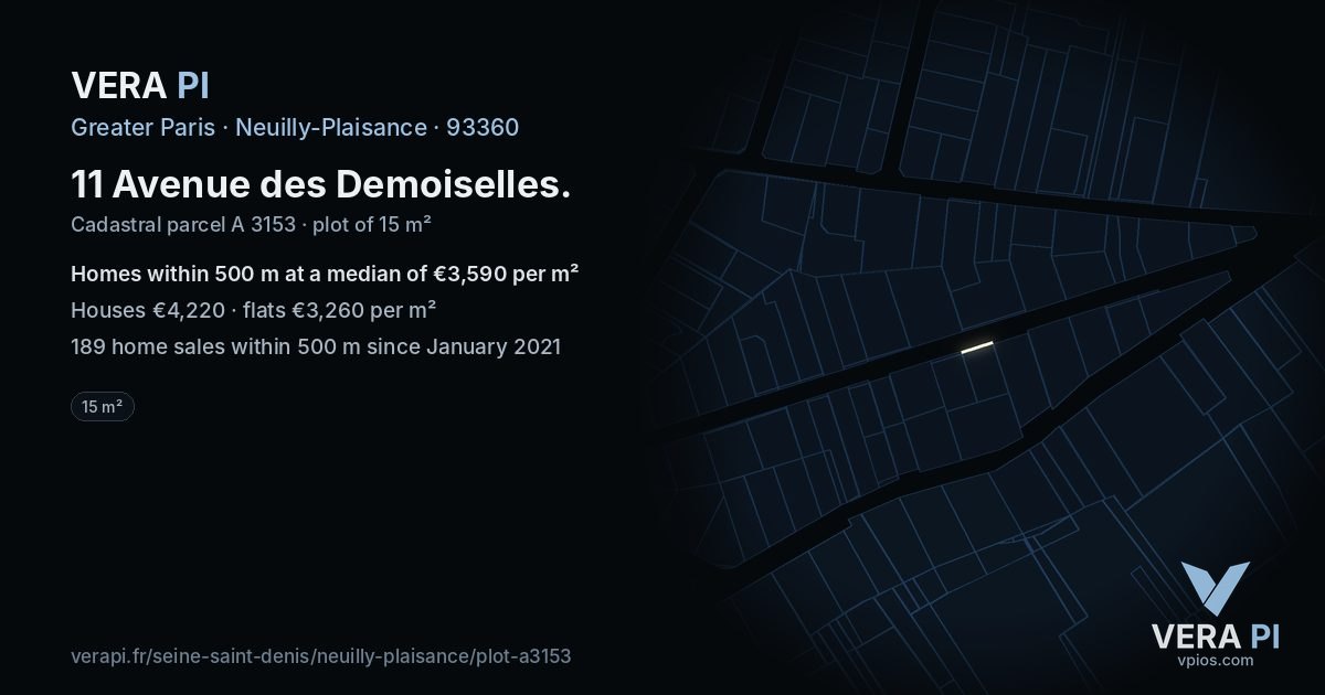 11 Avenue des Demoiselles, Neuilly-Plaisance at night – the plot lit, the parcels around coloured by the prices near them