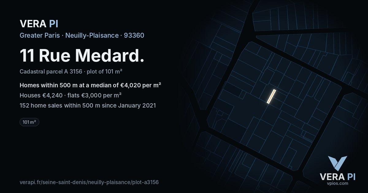 11 Rue Medard, Neuilly-Plaisance at night – the plot lit, the parcels around coloured by the prices near them
