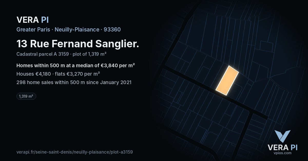 13 Rue Fernand Sanglier, Neuilly-Plaisance at night – the plot lit, the parcels around coloured by the prices near them