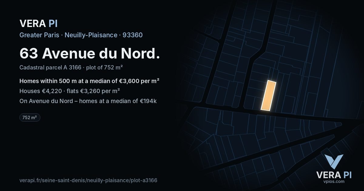 63 Avenue du Nord, Neuilly-Plaisance at night – the plot lit, the parcels around coloured by the prices near them