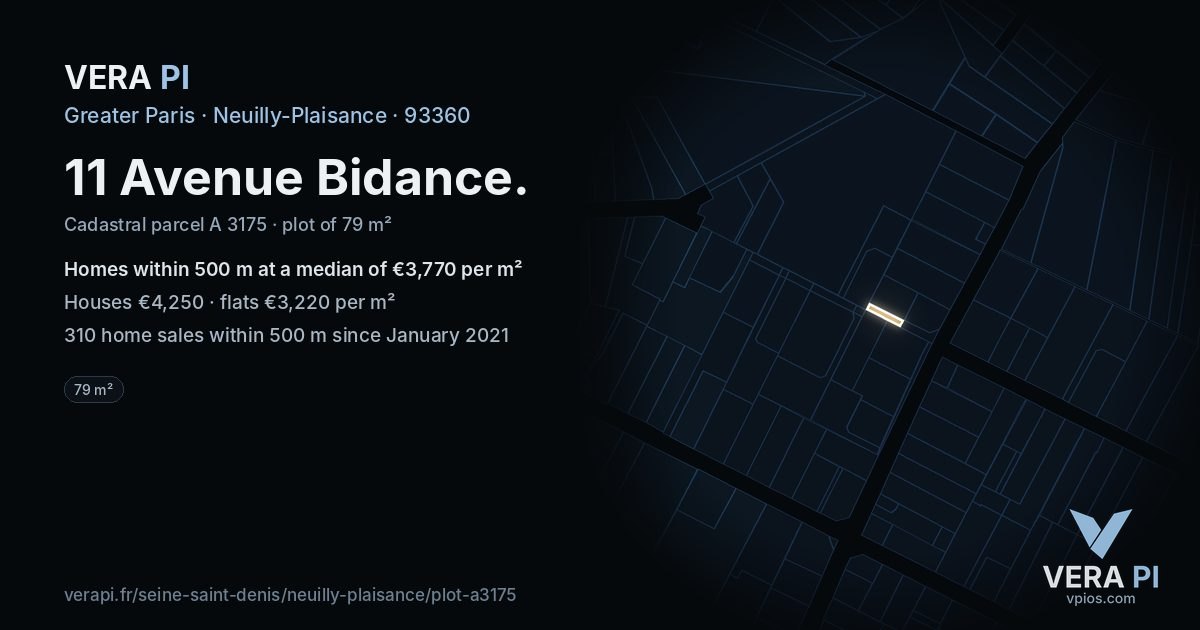 11 Avenue Bidance, Neuilly-Plaisance at night – the plot lit, the parcels around coloured by the prices near them