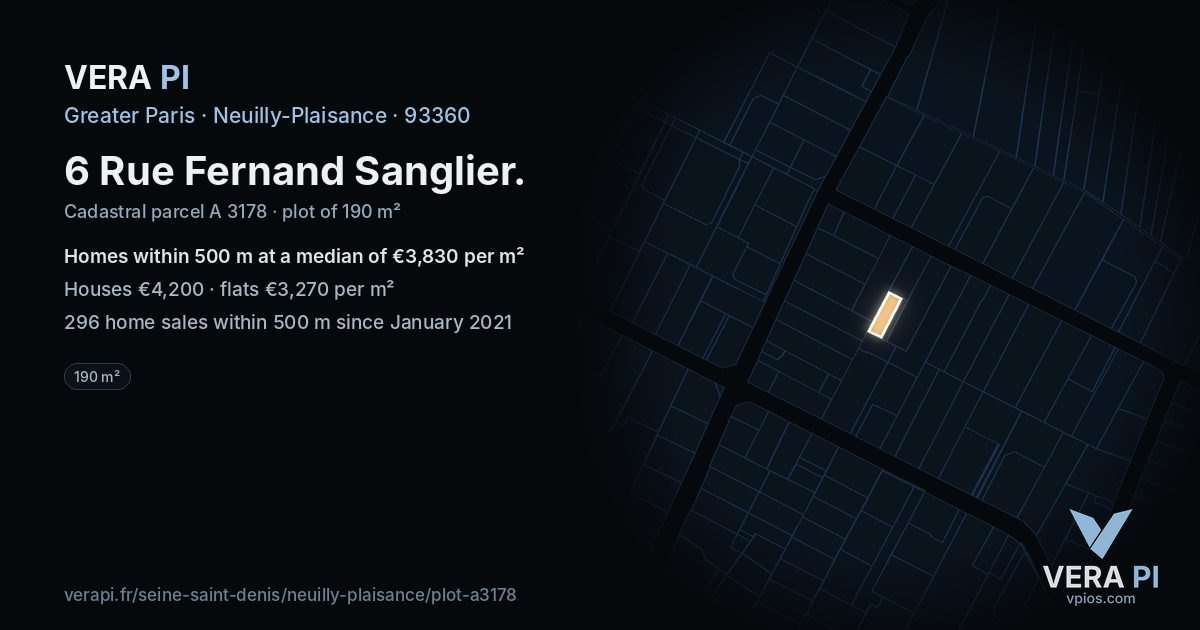 6 Rue Fernand Sanglier, Neuilly-Plaisance at night – the plot lit, the parcels around coloured by the prices near them
