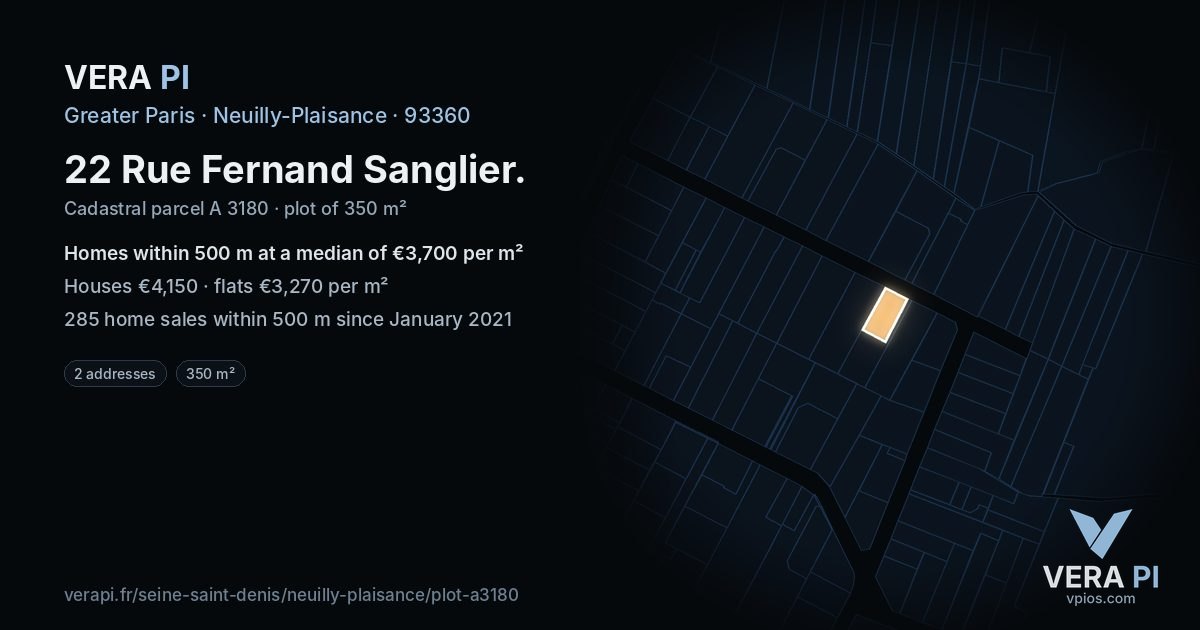 22 Rue Fernand Sanglier, Neuilly-Plaisance at night – the plot lit, the parcels around coloured by the prices near them