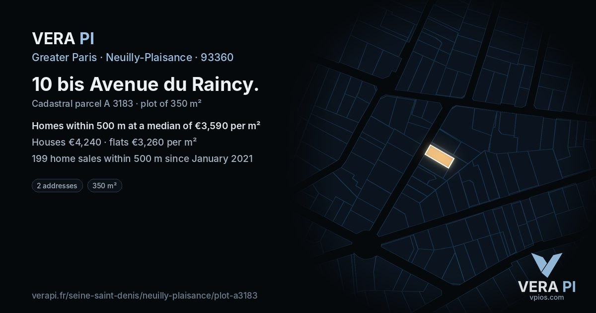 10 bis Avenue du Raincy, Neuilly-Plaisance at night – the plot lit, the parcels around coloured by the prices near them
