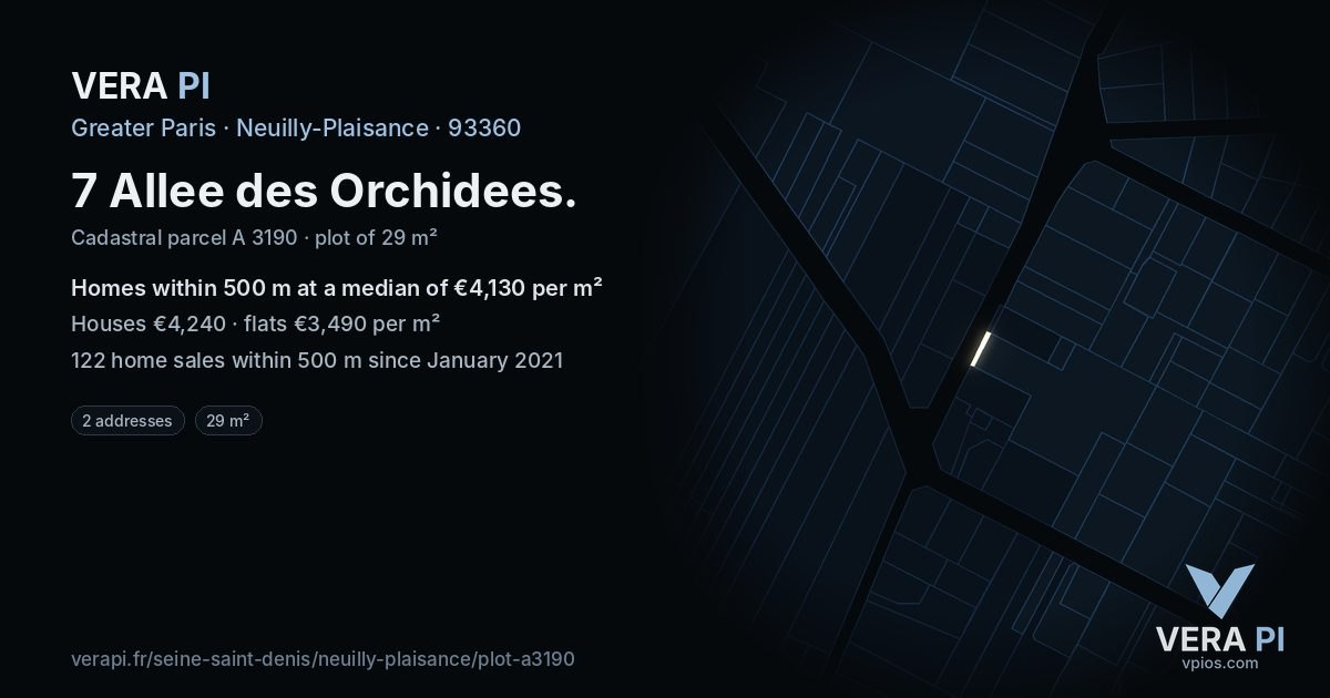 7 Allee des Orchidees, Neuilly-Plaisance at night – the plot lit, the parcels around coloured by the prices near them
