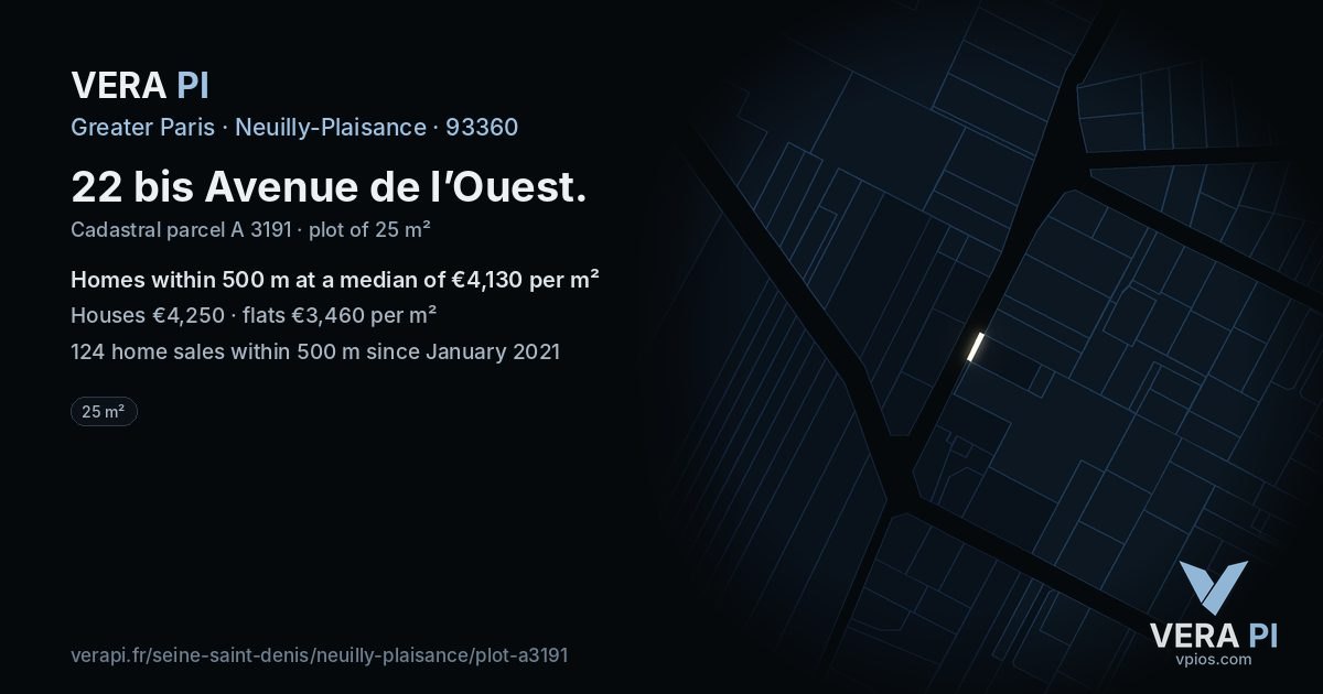 22 bis Avenue de l’Ouest, Neuilly-Plaisance at night – the plot lit, the parcels around coloured by the prices near them