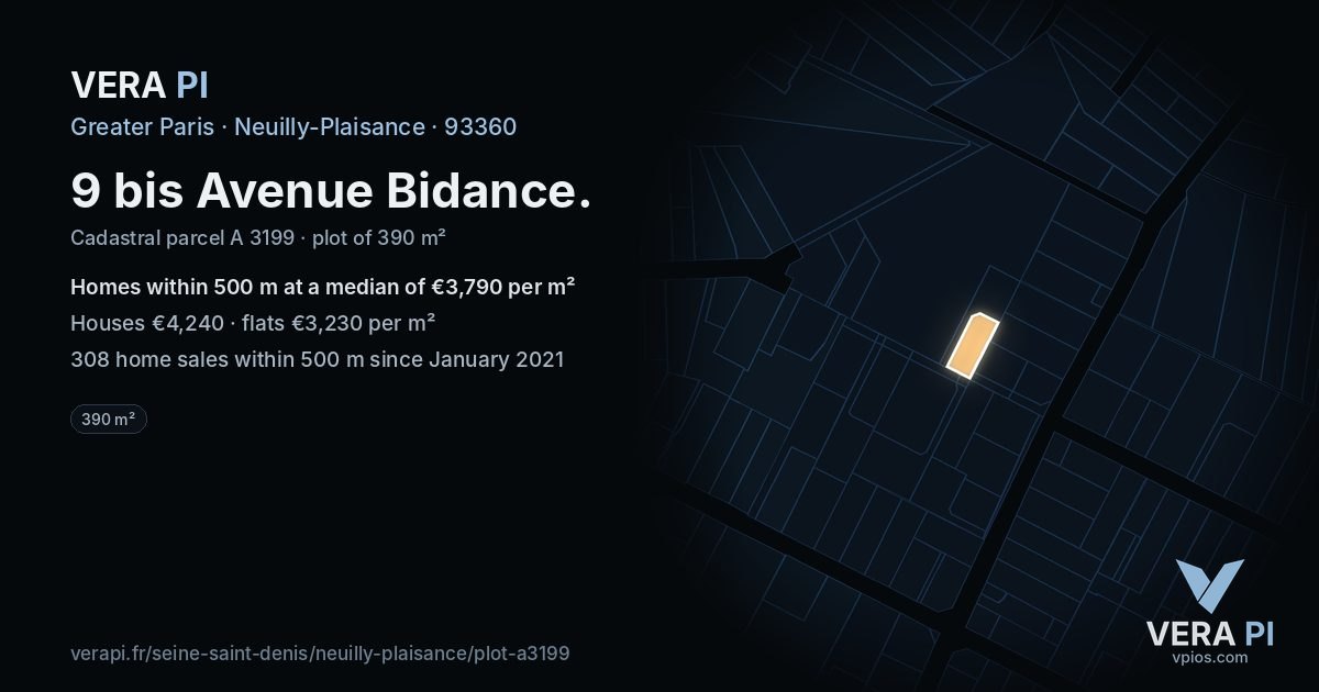 9 bis Avenue Bidance, Neuilly-Plaisance at night – the plot lit, the parcels around coloured by the prices near them